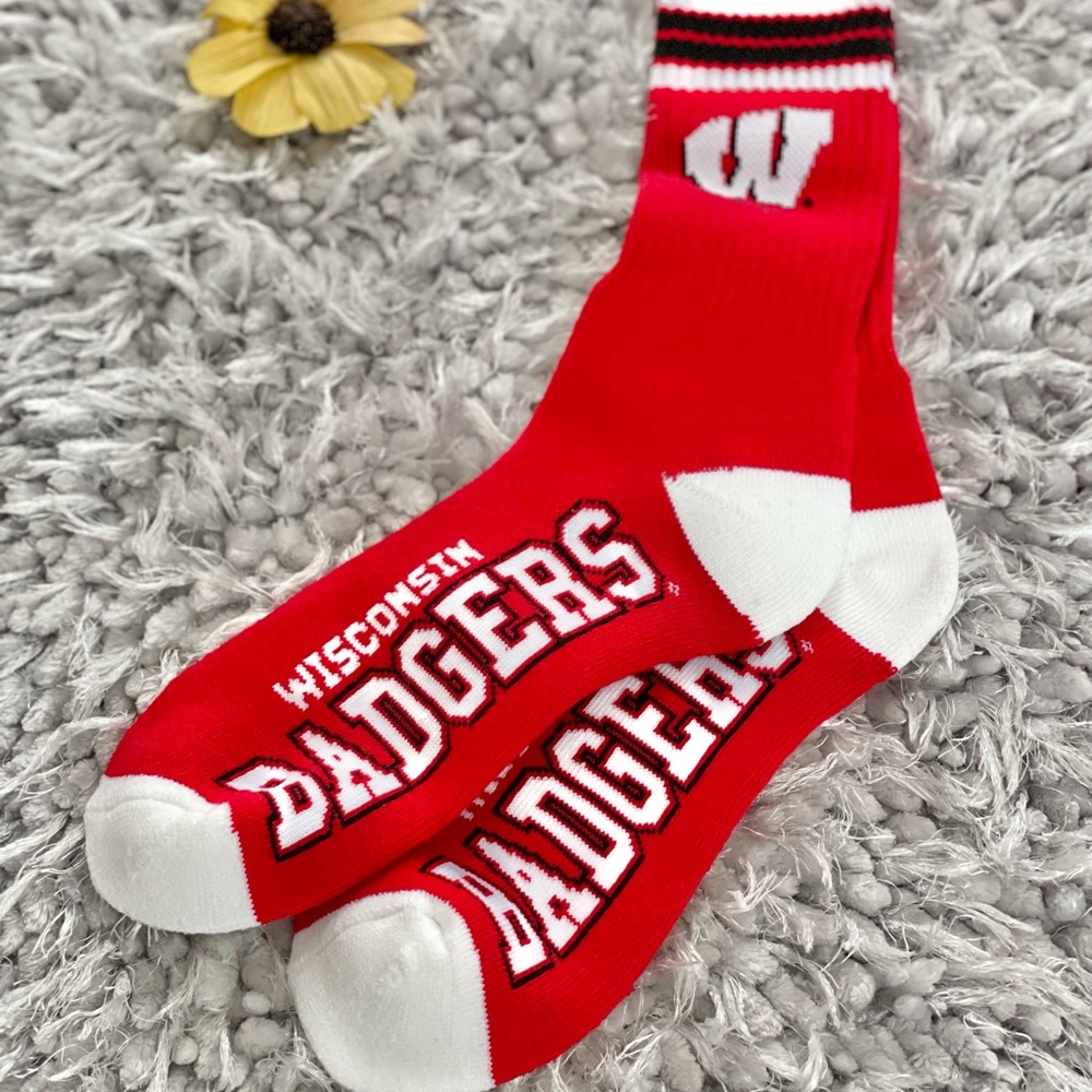 NWT WISCONSIN BADGERS LOGO SOCKS. Wisconsin University 4stripe Deuce Large.10-13